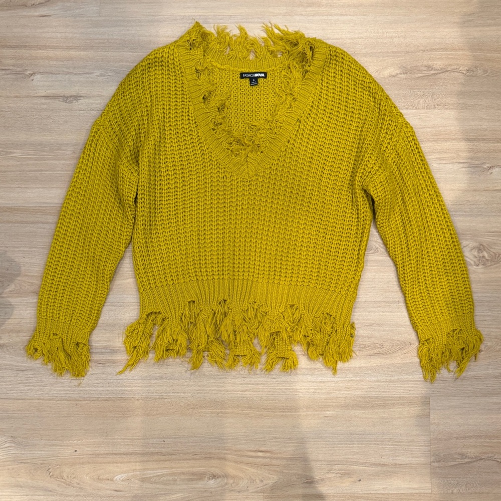 Fashion Nova Fringed V-Neck Sweater in Mustard Yellow